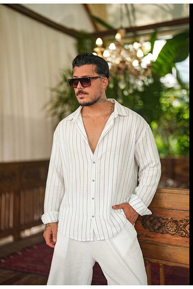 Striped Linen Oversize Shirt White