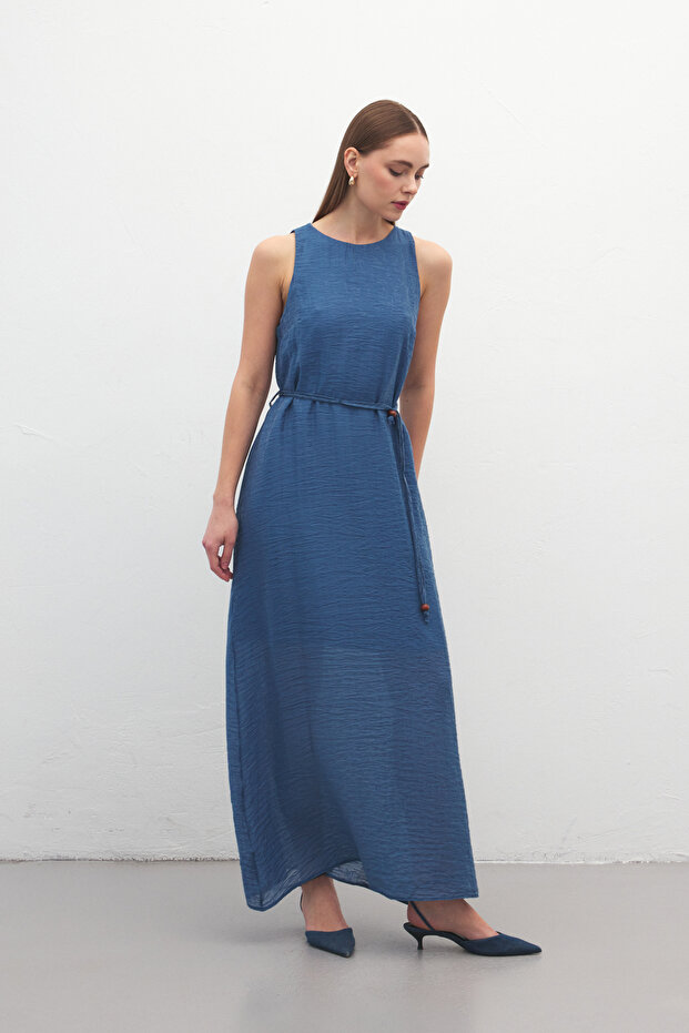 Rochie lungă cu detaliu curea - Indigo - 5