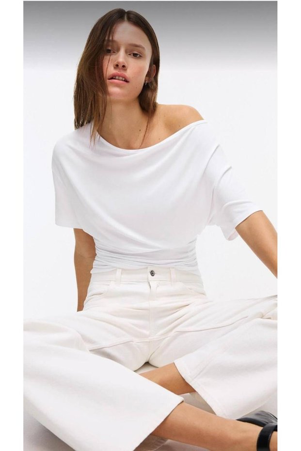 Women's White Boat Neck Fitted Waist Flexible Cotton Blouse