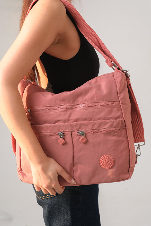 Viola Rosetti Dusty Rose Women's Multi-Compartment Waterproof Crinkle Daily Backpack Crossbody Hand and Shoulder Bag