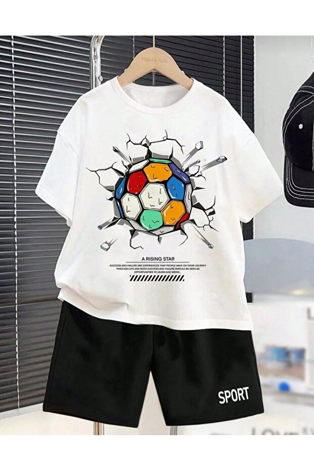Summer Ball-Printed Men's Bottom Black Shorts Top White T-Shirt Set