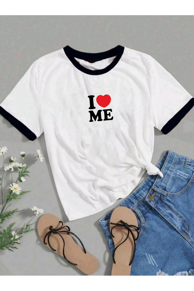 I Love Printed Ribbed Crew Neck Regular Short Sleeve Women's Tshirt