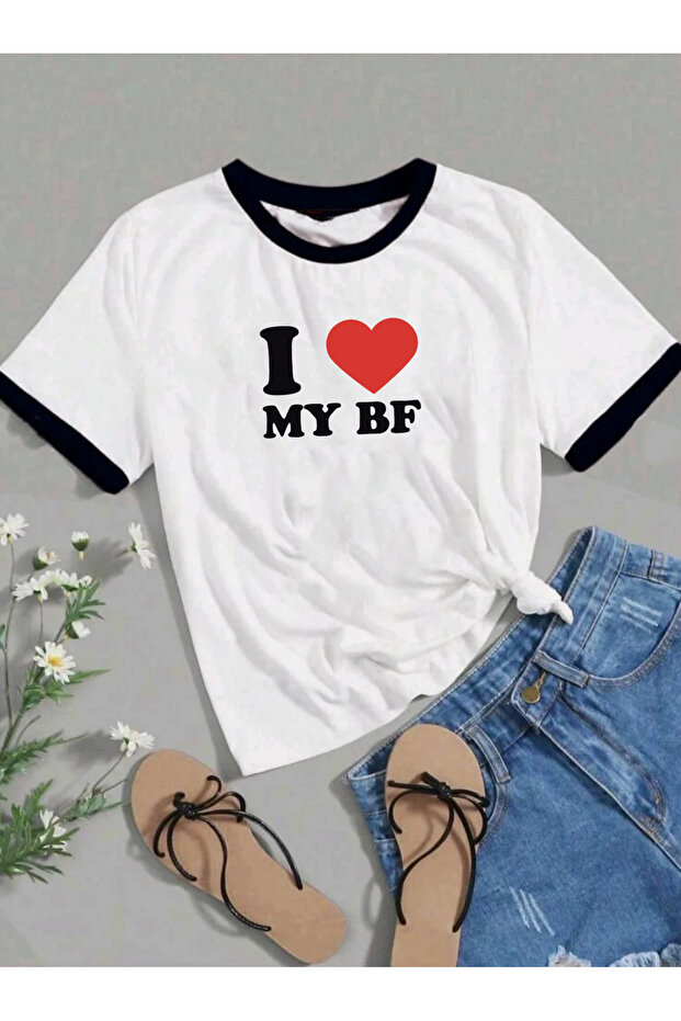 I Love Printed Ribbed Crew Neck Regular Short Sleeve Women's Tshirt