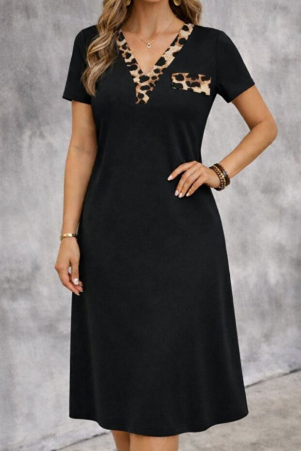 Women's V-Neck Collar and Pocket Detailed Midi Viscose Dress