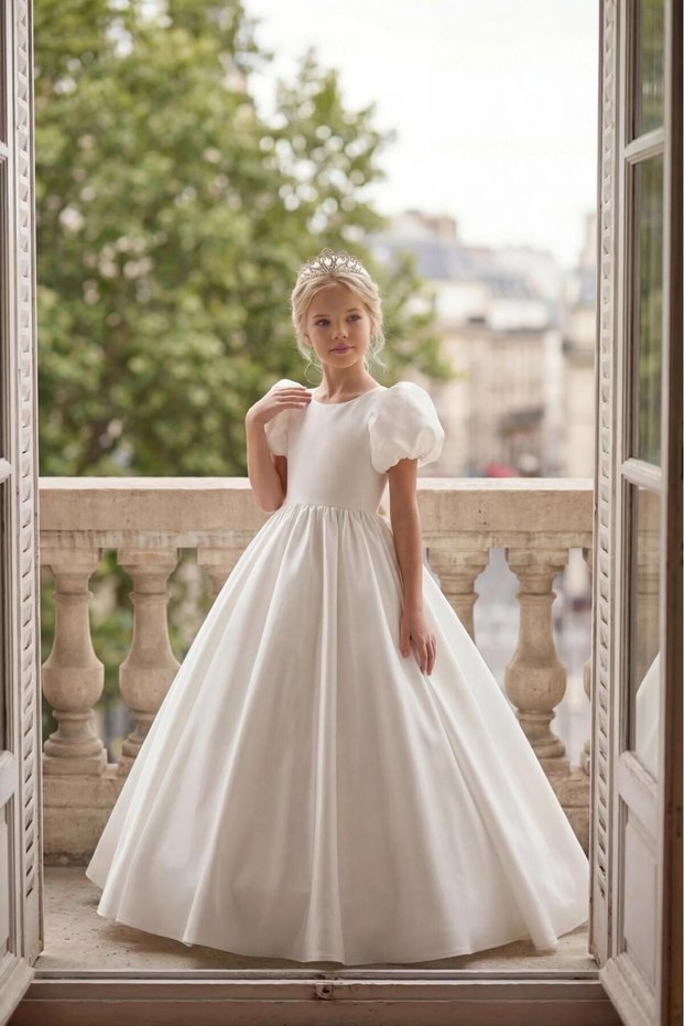 Girl's Evening Dress White Princess Evening Dress with Puffy Hoops and Crown Gift for 5-12 Years Old