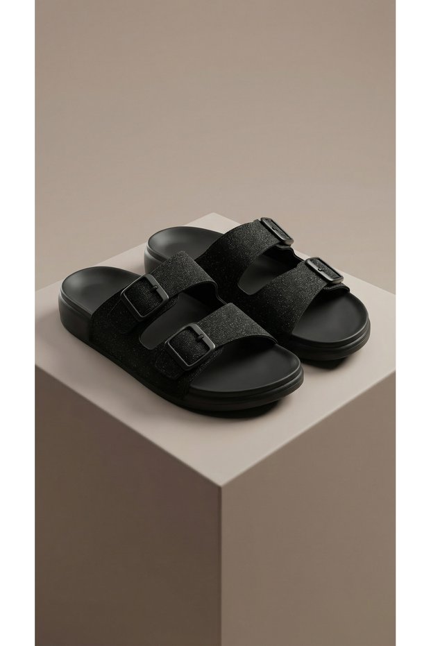 Women's Black Double Buckle Glitter Slippers - Comfortable Sole, Summer Home & Outdoor Casual Slippers