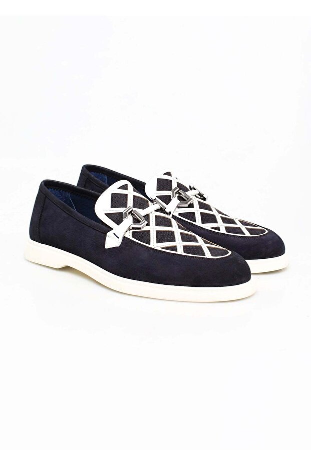 Dark Blue Laceless Genuine Leather Nubuck Men's Shoes