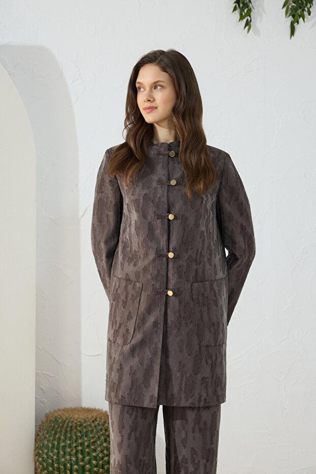 Brown Stylish Buttoned Jacquard Cap - 4