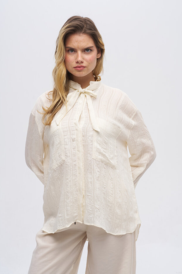 Women's Striped Shirt with Bow Tie Collar