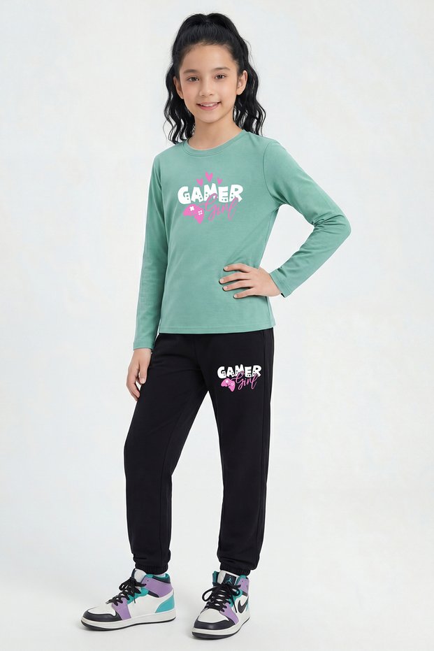 Long Sleeve Round Neck Printed Detailed Girls' Top and Bottom Set