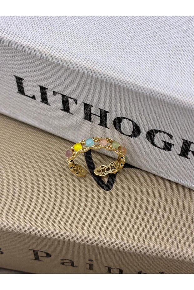 Gold Color Mixed Color Round Stone Detailed Adjustable Vintage Brass Ring