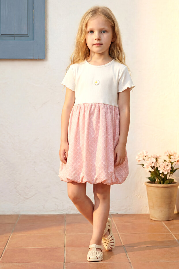 Girl's Balloon Dress Summer Daisy Detailed Pink