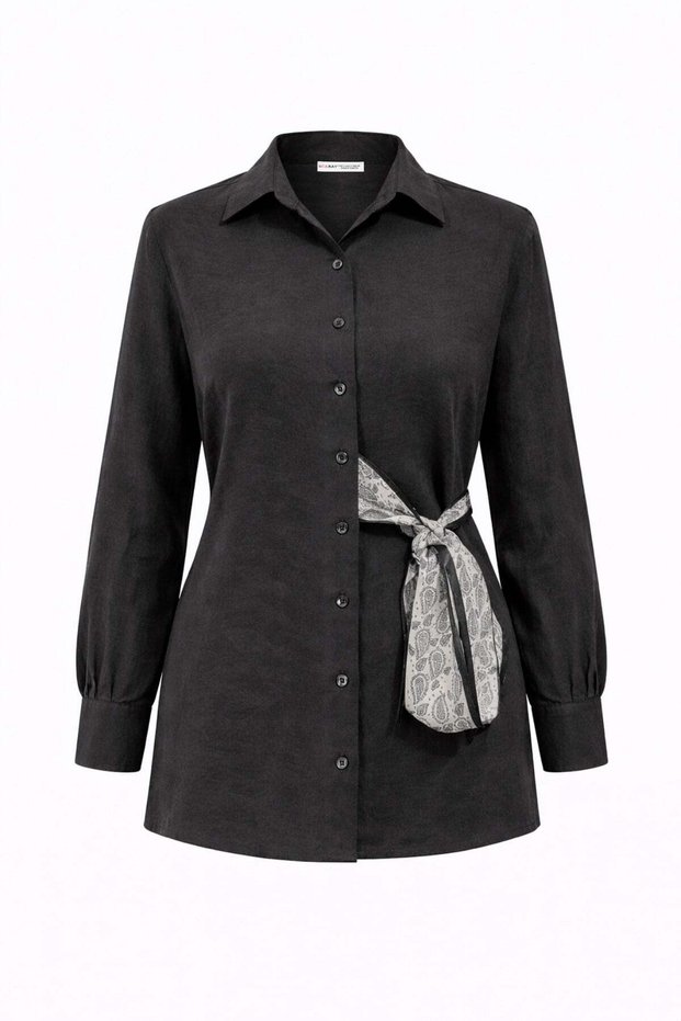 4859 women's tie-up scarf detailed lightweight transparent shirt black