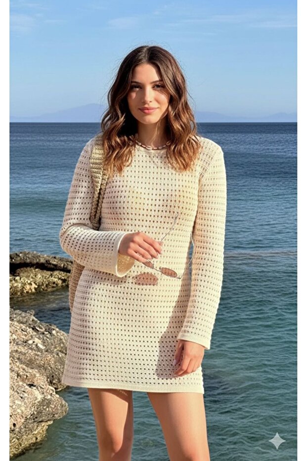 Women's Knitted Openwork Long Sleeved Short Round Neck Knitted Beach Dress Pareo