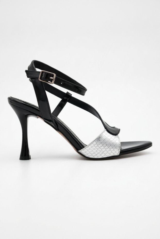 Women's Black Patent Leather Design Silver Crocodile Detailed Thin High Heeled Evening Dress Shoes