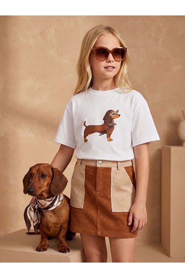 Girl's Dog Printed T-Shirt with Stone Detail Design
