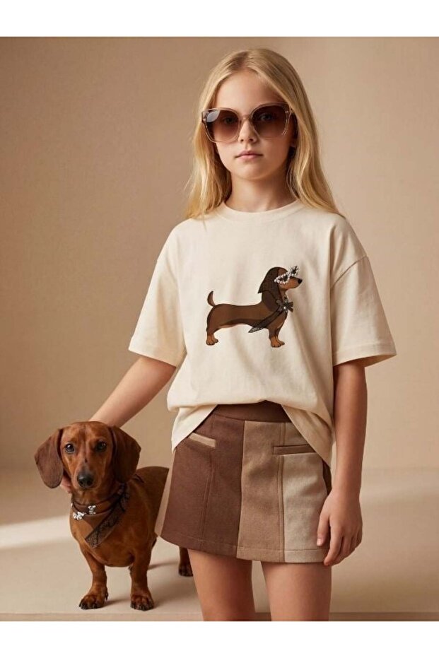 Girl's Dog Printed T-Shirt with Stone Detail Design