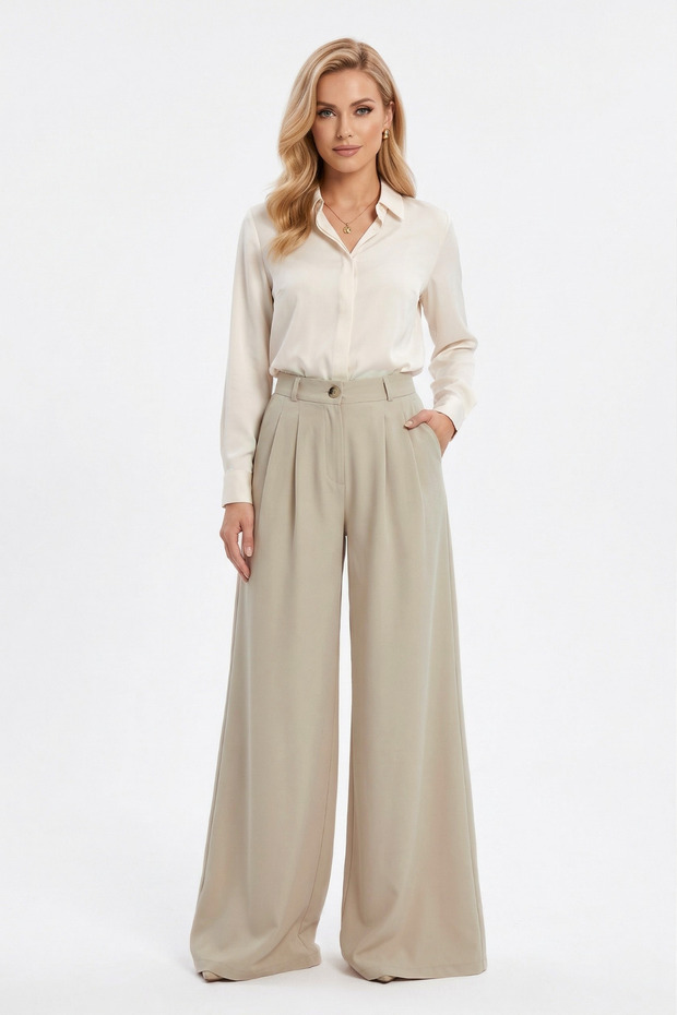 Women's Wide Leg Pants Double Pleated Elastic Waist Pants