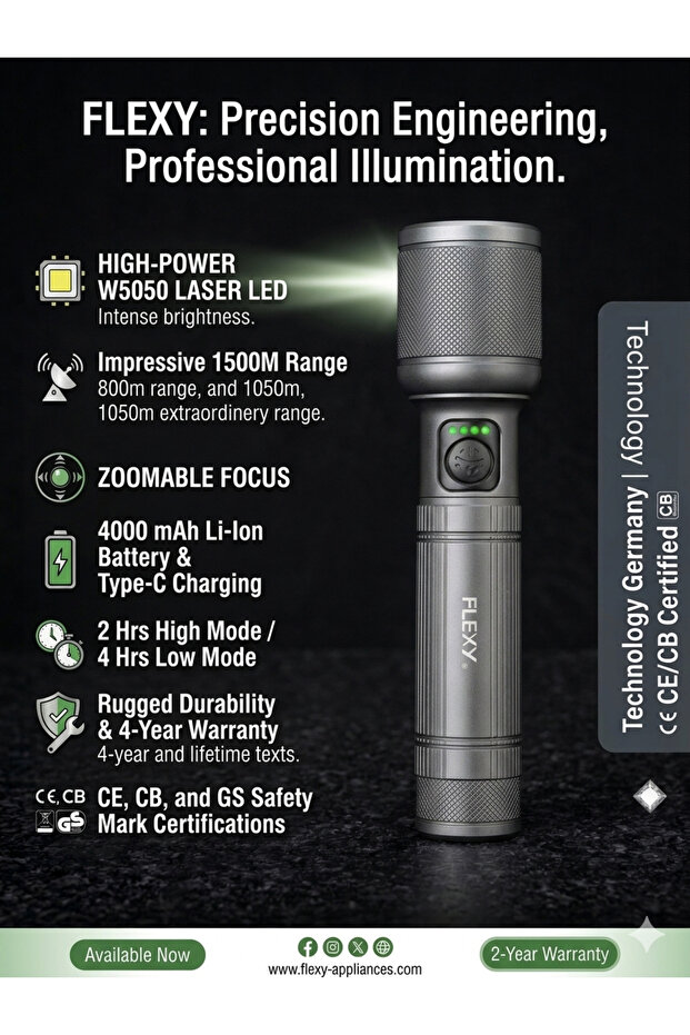 مصباح يدوي ليزر LED بقوة 30 واط مع سطوع 1350 لومن ومدى 1500 متر وعمر افتراضي 4 سنوات