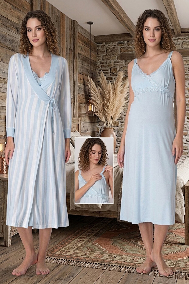Maternity Nightgown Set with Nursing Feature, Strappy Striped Dressing Gown