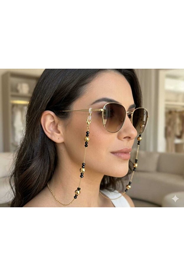 سلسلة نظارات مرصعة بالخرز باللون الذهبي