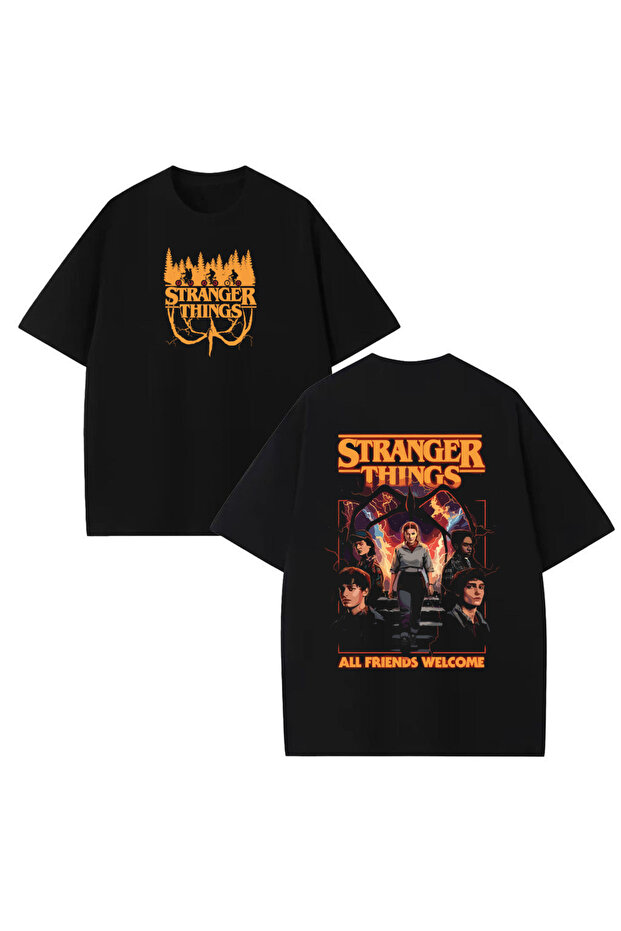 تي شيرت Stranger Things مطبوع للجنسين 100% مقاس كبير مكون من قطن قطع
