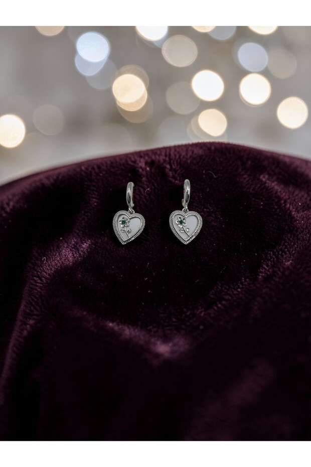 Silver Color Emerald Gemstone Heart Flower Pattern Dangle Steel Earrings - Tarnish Resistant