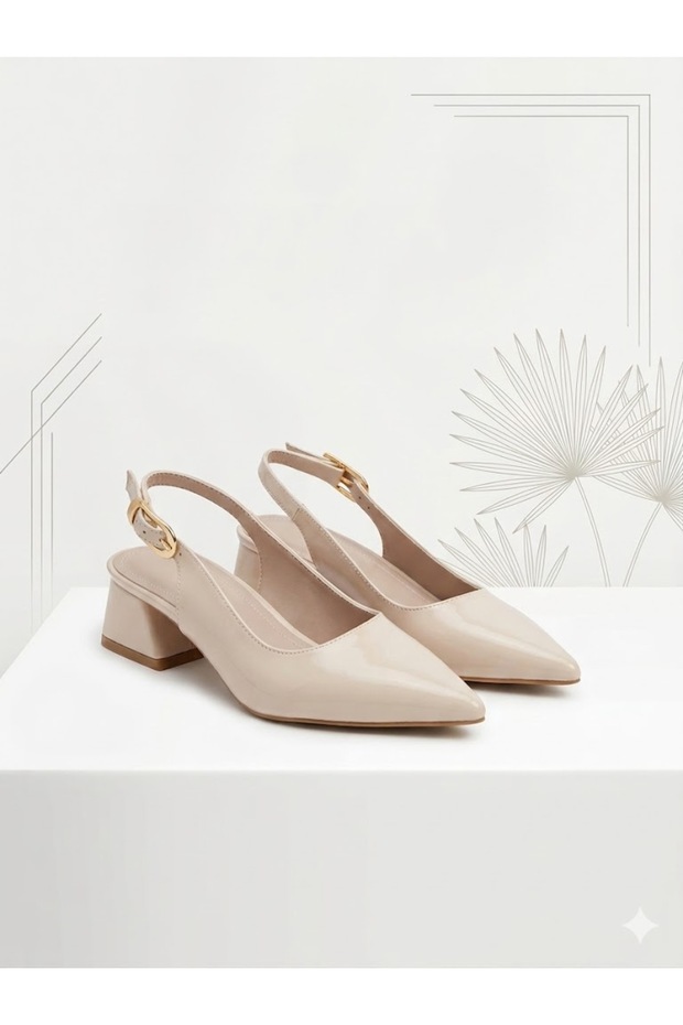 Beige Patent (Patent Leather) Slingback Heeled Shoes