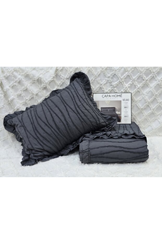 Milano Stone Wash Bearded Ultrasonic Ruffled Single Bedspread Color Anthracite