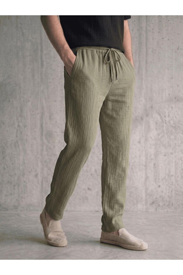 Lanz Men's Cotton Muslin Trousers | Comfortable Fit, Elastic Waist and Lace-Up Closure