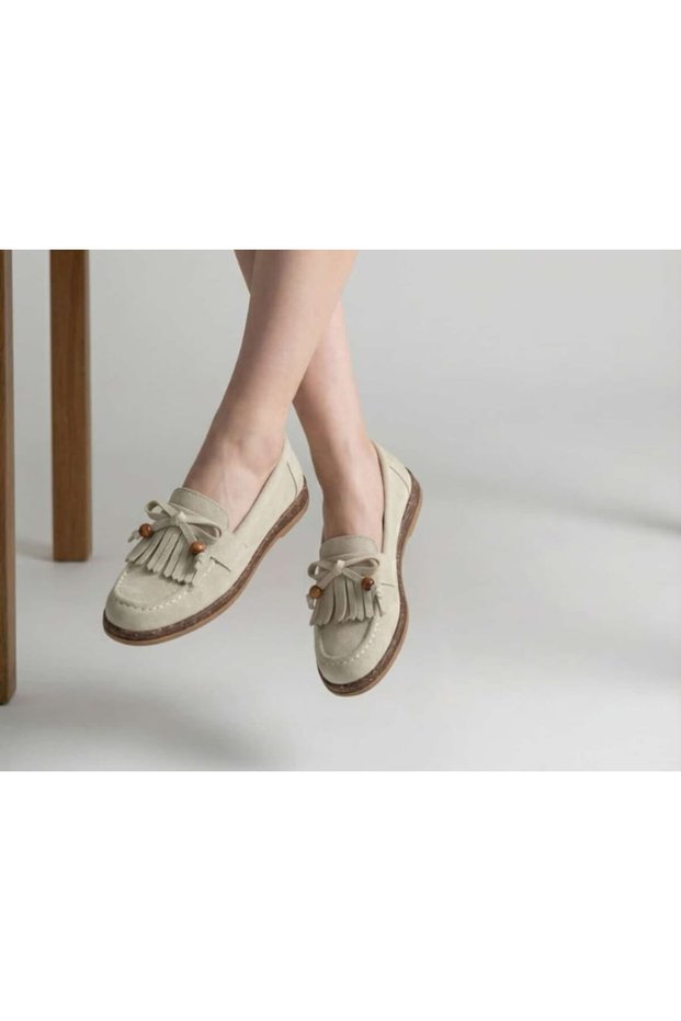 889 Beige Suede Leather Powder Orthopedic Comfortable Women's Ballerina Loafer Shoes