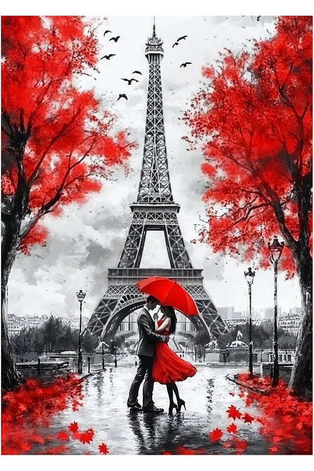 Paris Love Painting - Paris Romantic Painting - Eiffel Tower Red Umbrella Love Themed Wall Decor