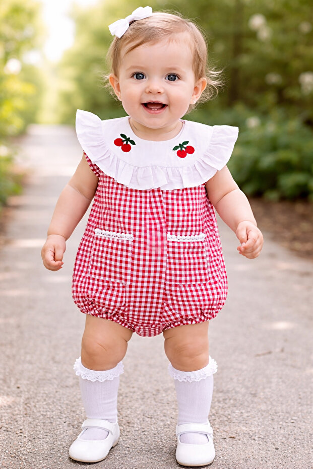 Baby Girl Cherry Embroidered Summer Plaid Romper Jumpsuit