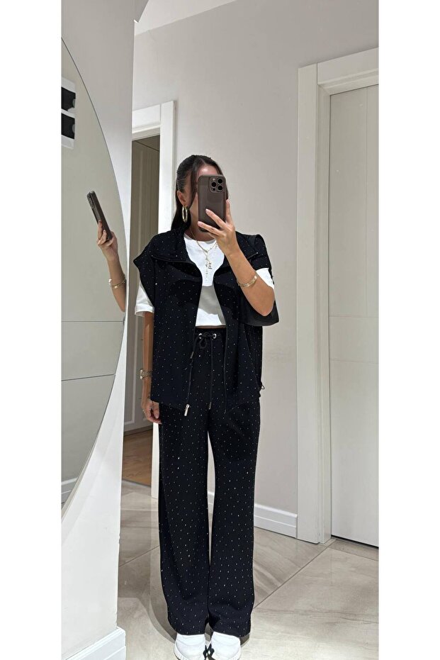 Modal Fabric Vest Set with Full Sprinkled Stones