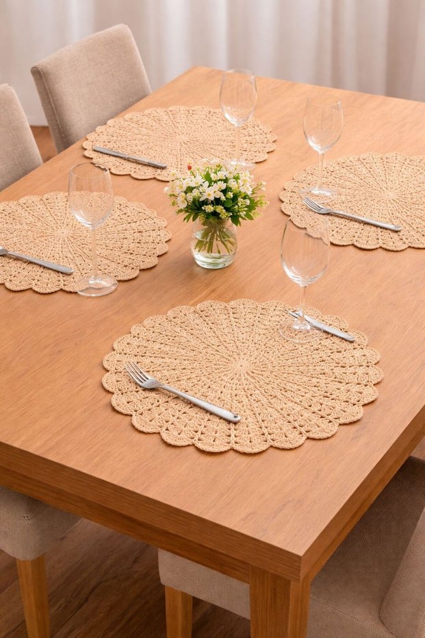Set of 4 Hand Knitted Bohemian Wicker Plate Mats - Paper Rope - American Service Style