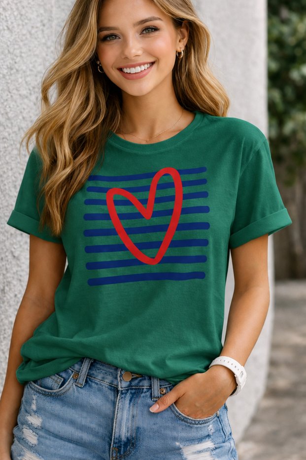 Striped Heart Print Unisex Oversize T-Shirt – Cotton Crew Neck Casual Streetwear T-Shirt
