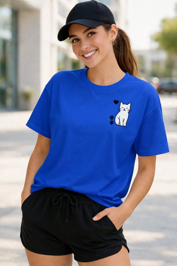 Cute Cat & Paw Print Unisex Oversize T-Shirt – Cotton Crew Neck Casual Streetwear T-Shirt