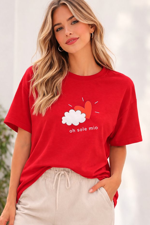Oh Sole Mio Heart Printed Unisex Oversize T-Shirt – Cotton Crew Neck Trend T-Shirt