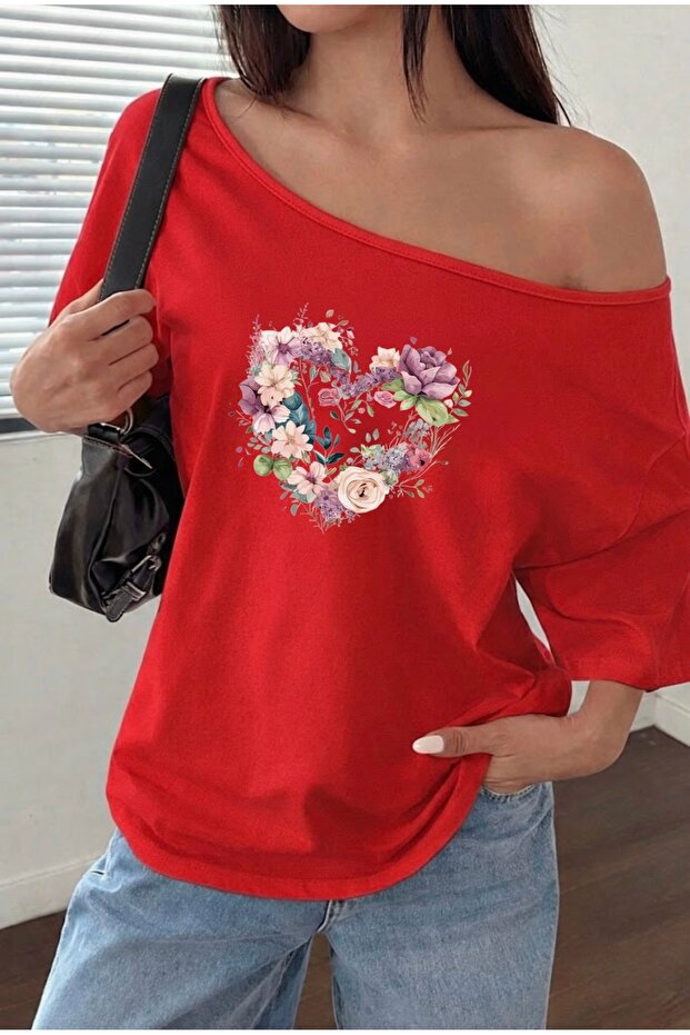 Flowered Heart Printed Oversize Women's Boat Neck T-Shirt