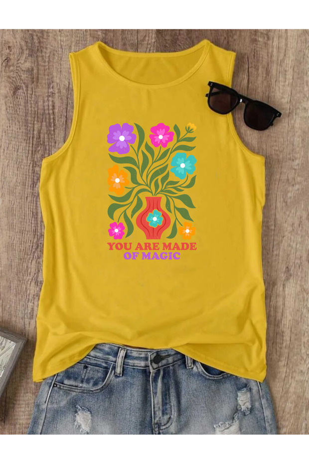 Flower Printed Sleeveless Women's Summer Crew Neck Strappy Athlete Tshirt