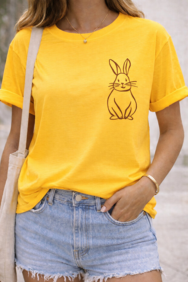 Minimal Rabbit Print Unisex Oversize T-Shirt – Cotton Crew Neck Casual Trend T-Shirt