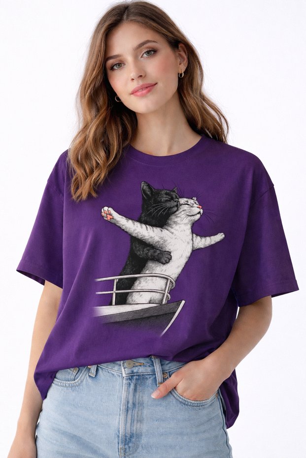 Cat Couple Titanic Printed Unisex Oversize T-Shirt – Cotton Crew Neck Casual Trend T-Shirt