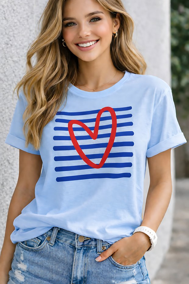 Striped Heart Print Unisex Oversize T-Shirt – Cotton Crew Neck Casual Streetwear T-Shirt