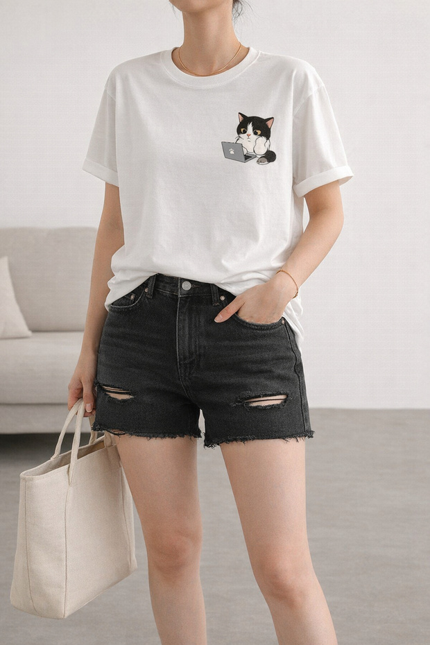 Business Cat Printed Unisex Oversize T-Shirt with Laptop - Cotton Crew Neck Casual T-Shirt