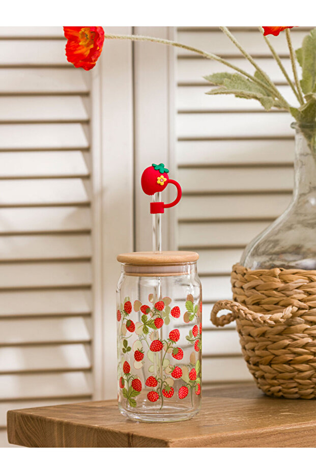 Colorless Strawberry Printed Glass with Straw 450 ml