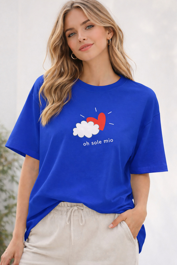 Oh Sole Mio Heart Printed Unisex Oversize T-Shirt – Cotton Crew Neck Trend T-Shirt