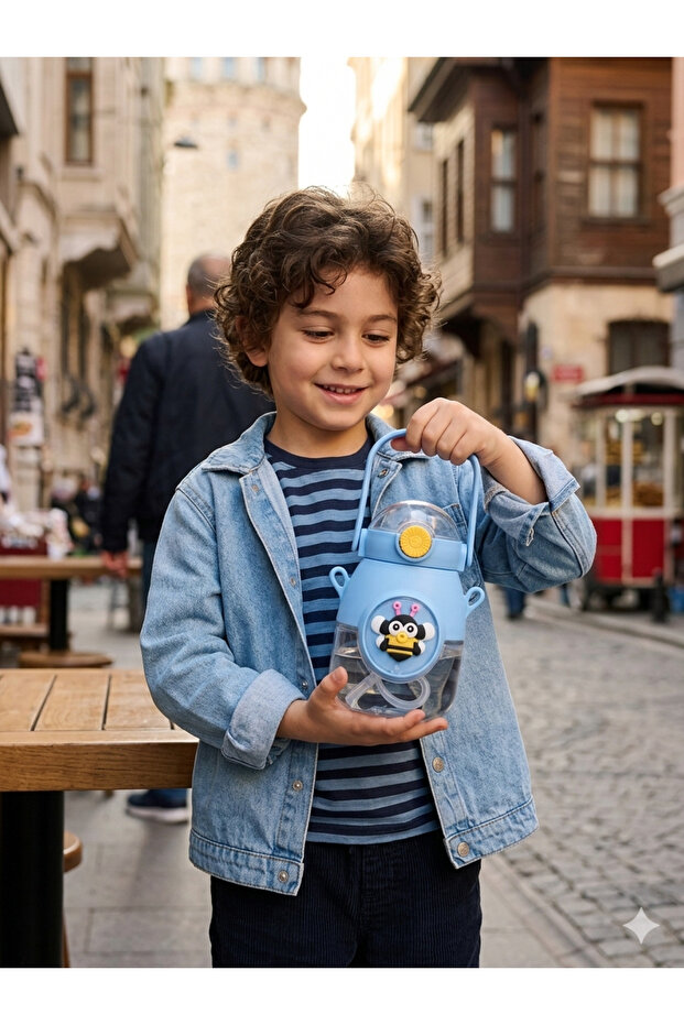 Pink Children's Water Bottle with Toy Figure (with Strap and Straw)