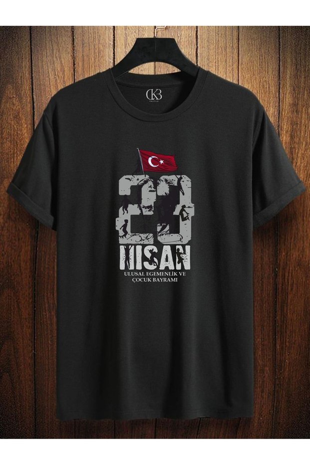 23 April Unisex Printed Cotton Crew Neck Short Sleeve Black T-Shirt