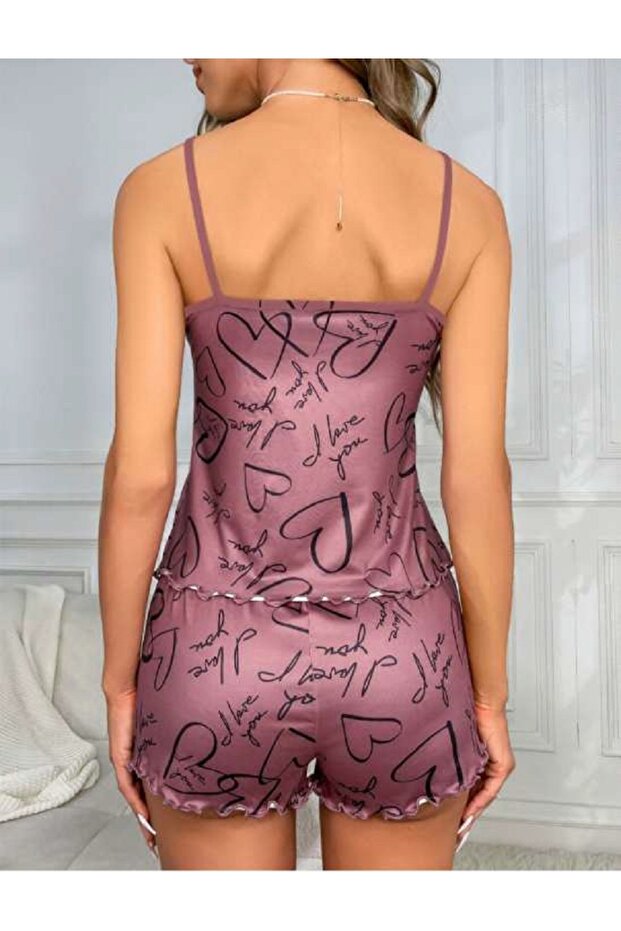 Heart and Text Patterned Pajama Set - 2