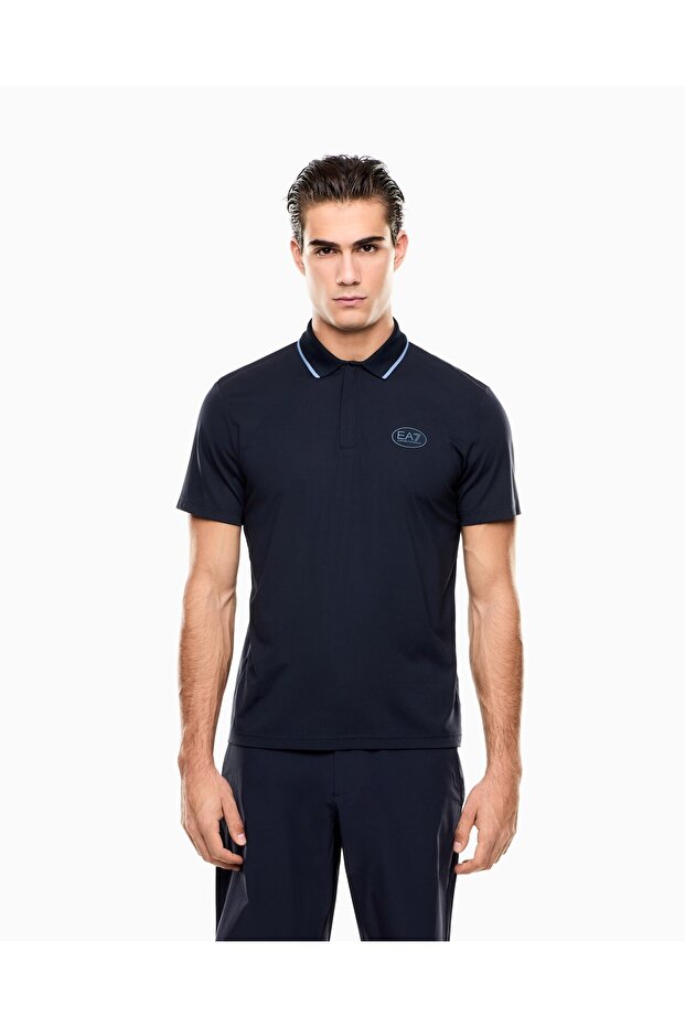 Men's Body Temperature Constant Fabric Slim Fit Logo Patterned Short Sleeve Navy Blue Polo Collar T-Shirt